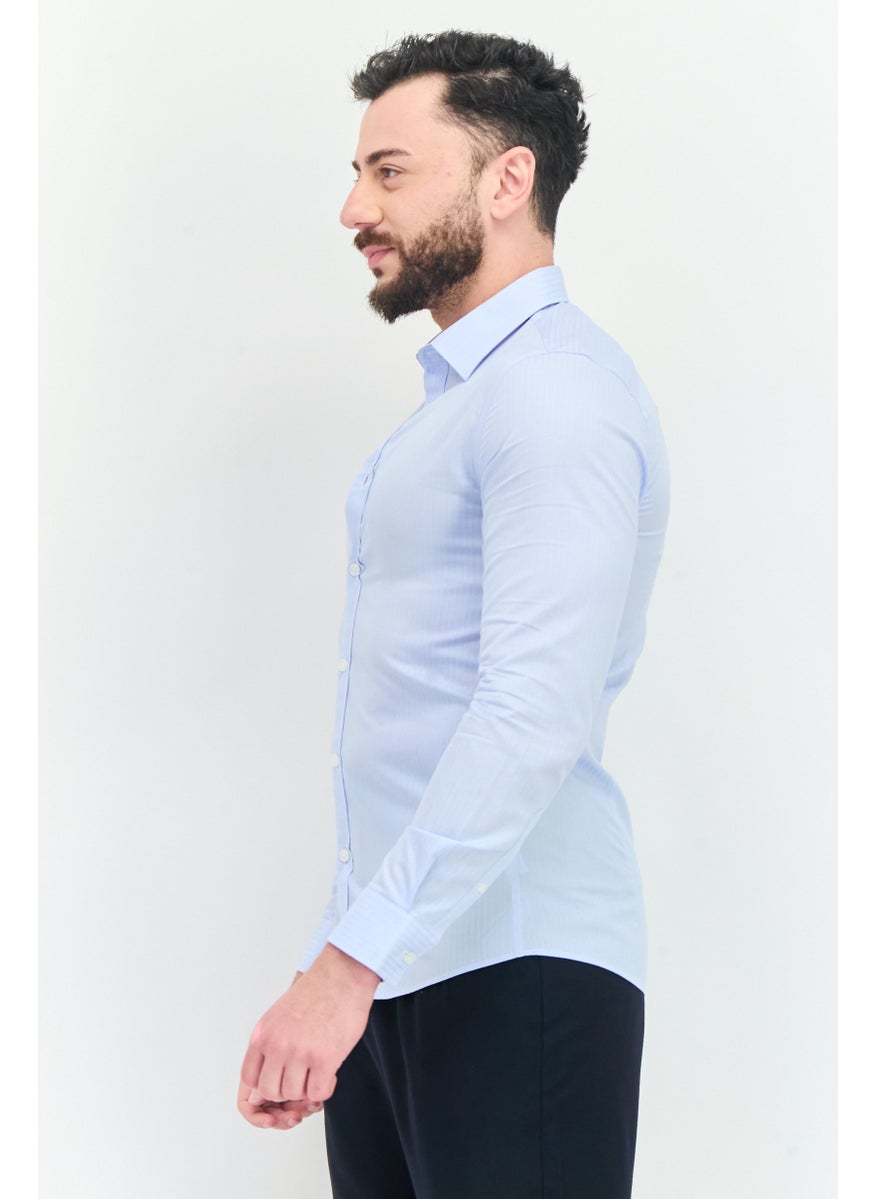 Men Slim Fit Stripes Long Sleeves Casual Shirt, Sky Blue