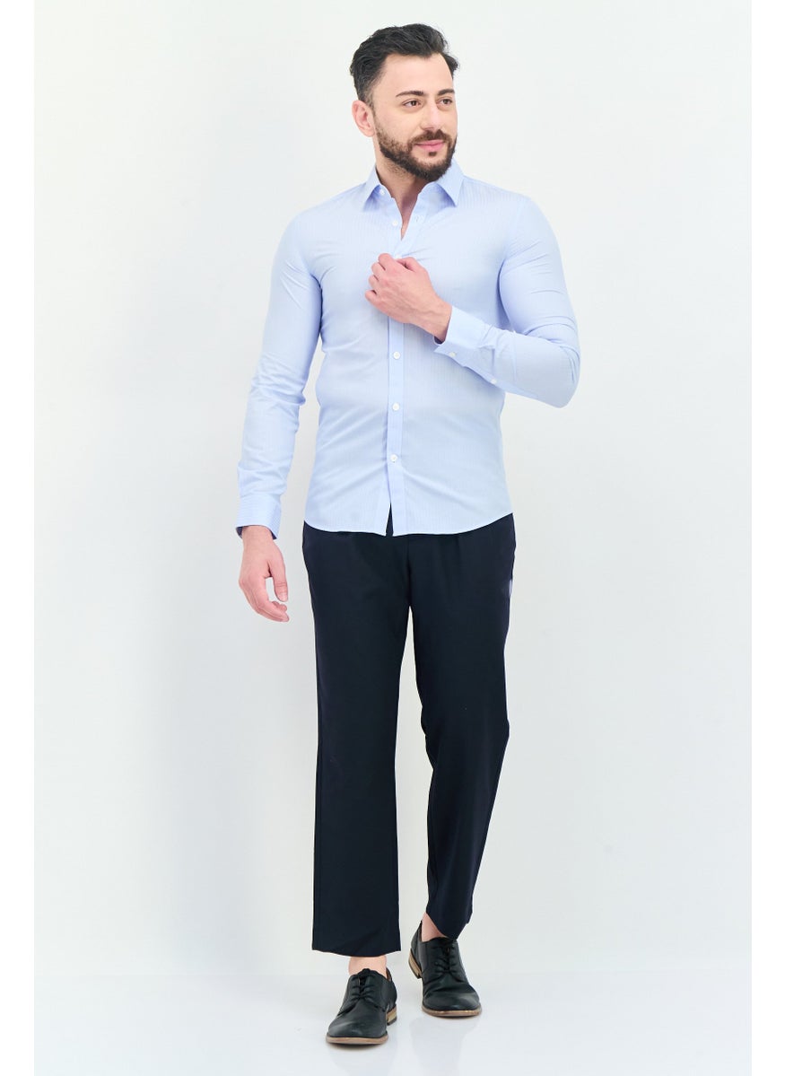 Men Slim Fit Stripes Long Sleeves Casual Shirt, Sky Blue