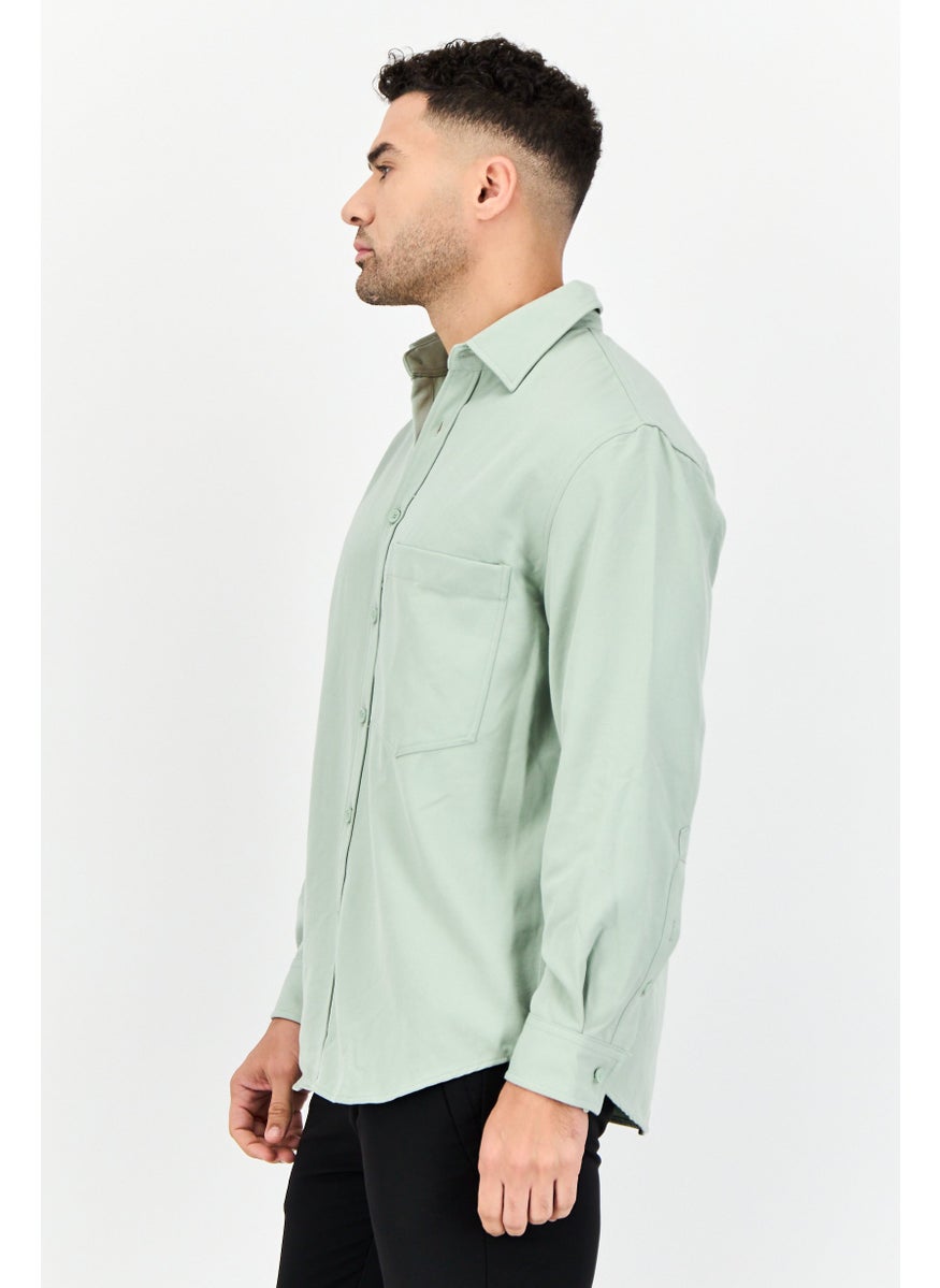 Men Drop Shoulder Fit Solid Long Sleeve Causal Shirt, Sage Green