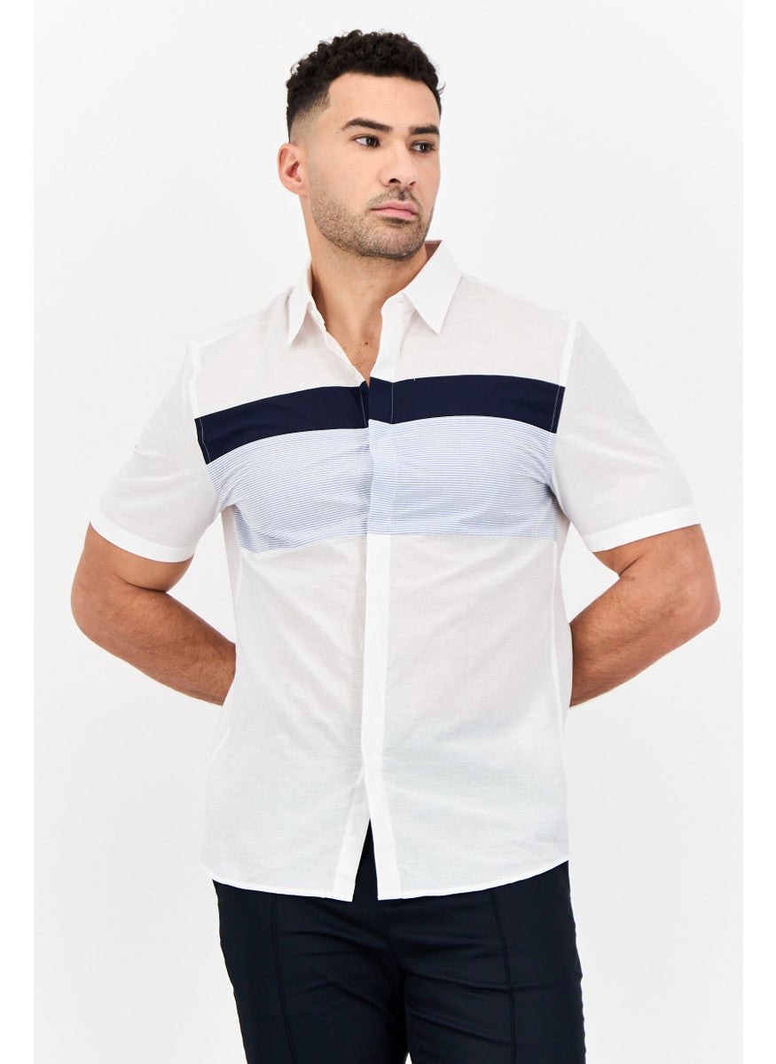 Men Regular Fit Short Sleeve Stripe Casual Shirt, White