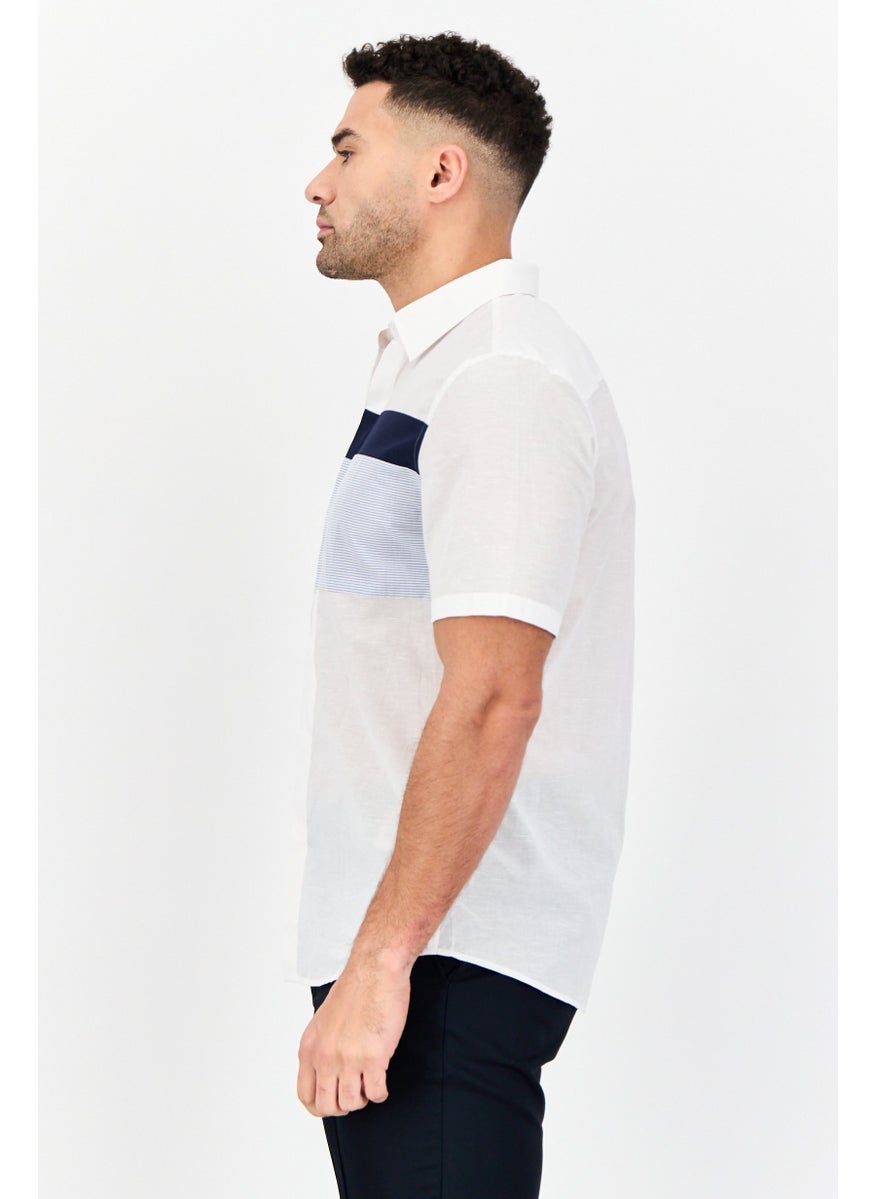 Men Regular Fit Short Sleeve Stripe Casual Shirt, White