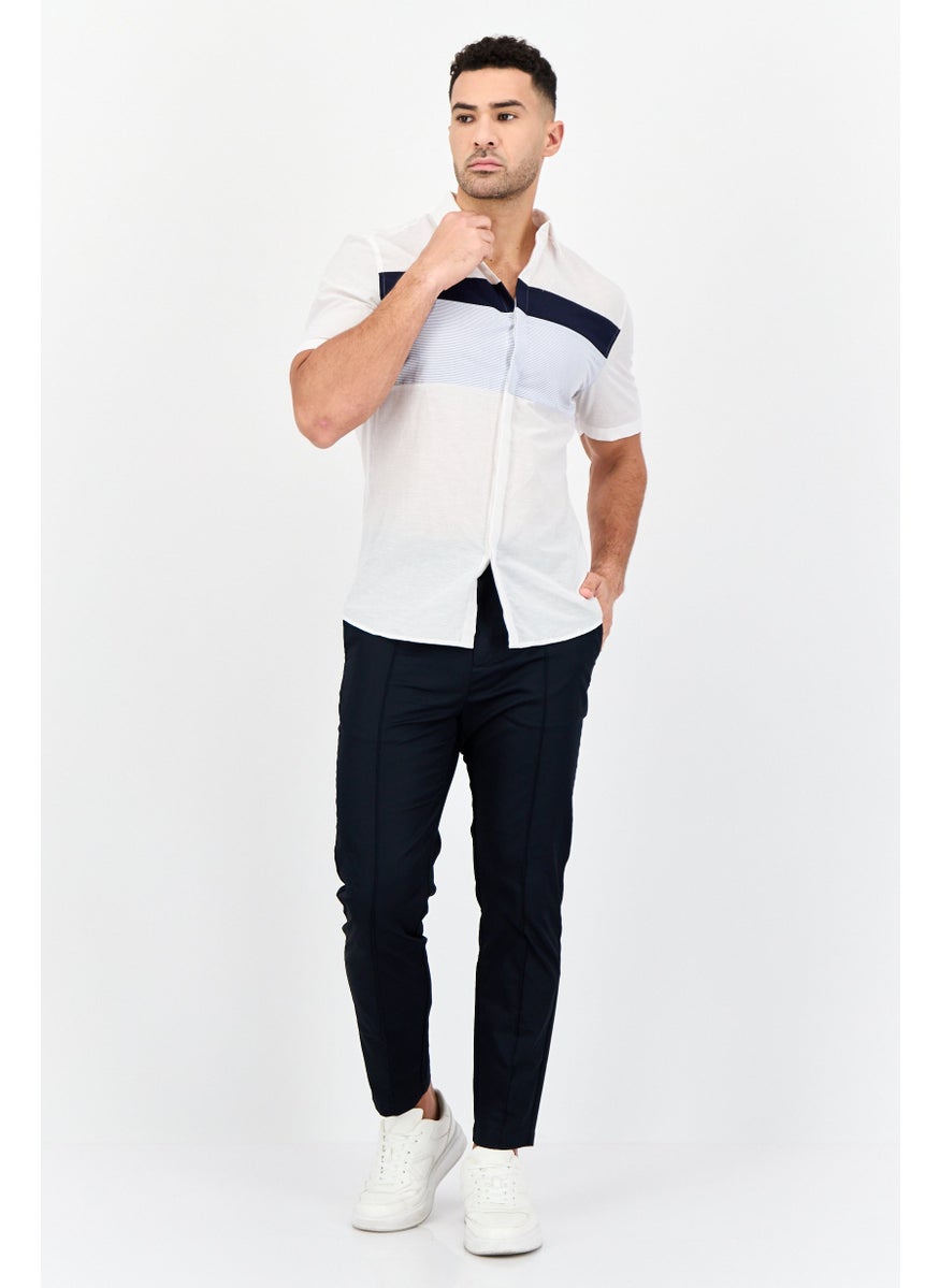 Men Regular Fit Short Sleeve Stripe Casual Shirt, White