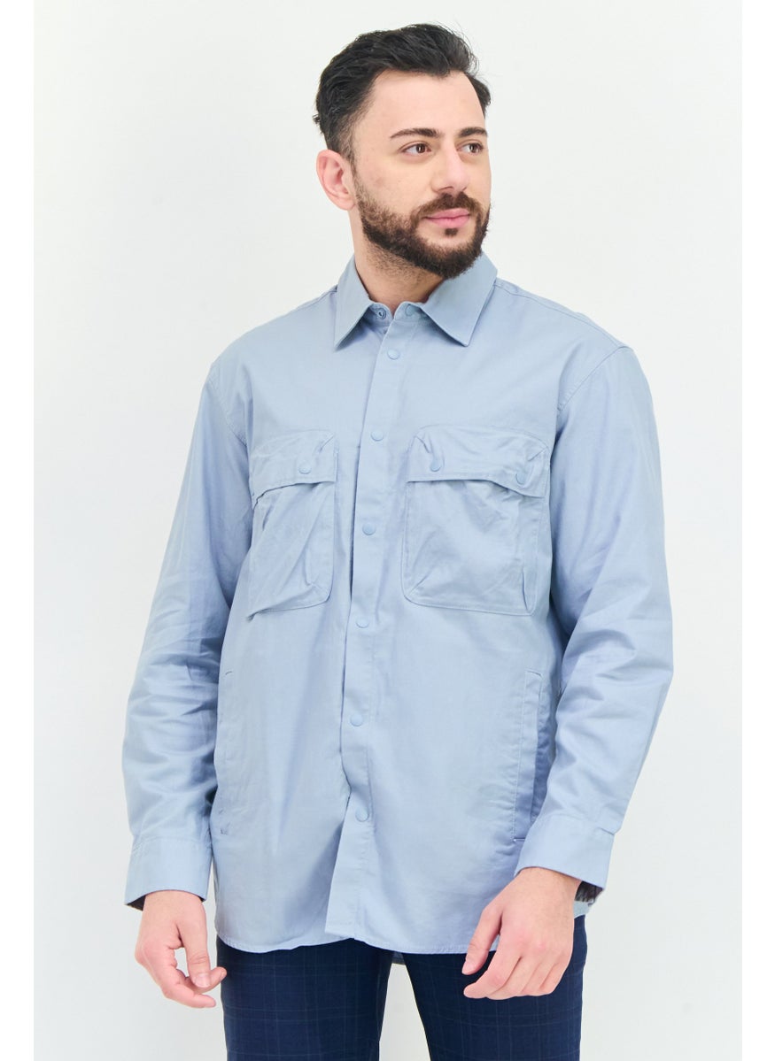 Men Fashion Fit Plain Long Sleeves Casual Shirt, Blue
