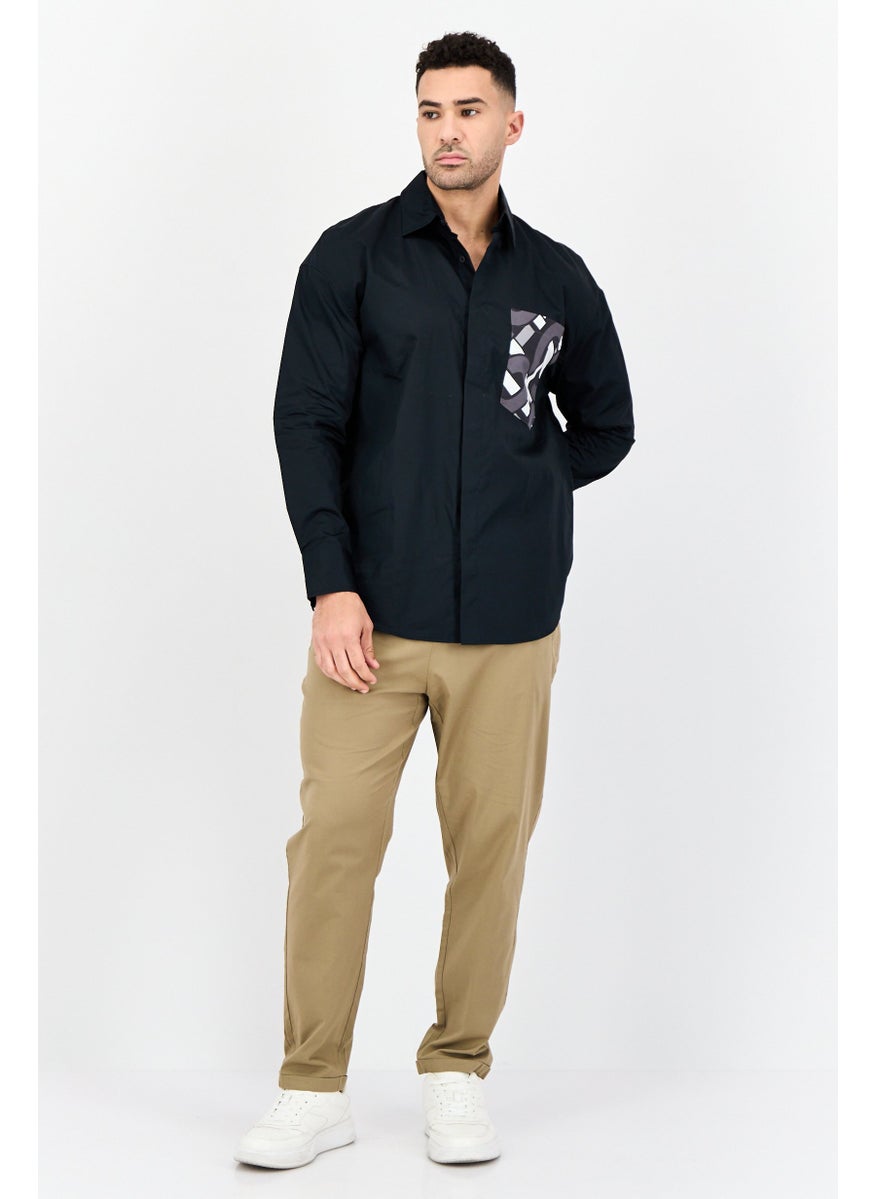 Men Regular Fit Graphic Print Long Sleeves Casual Shirt, Black