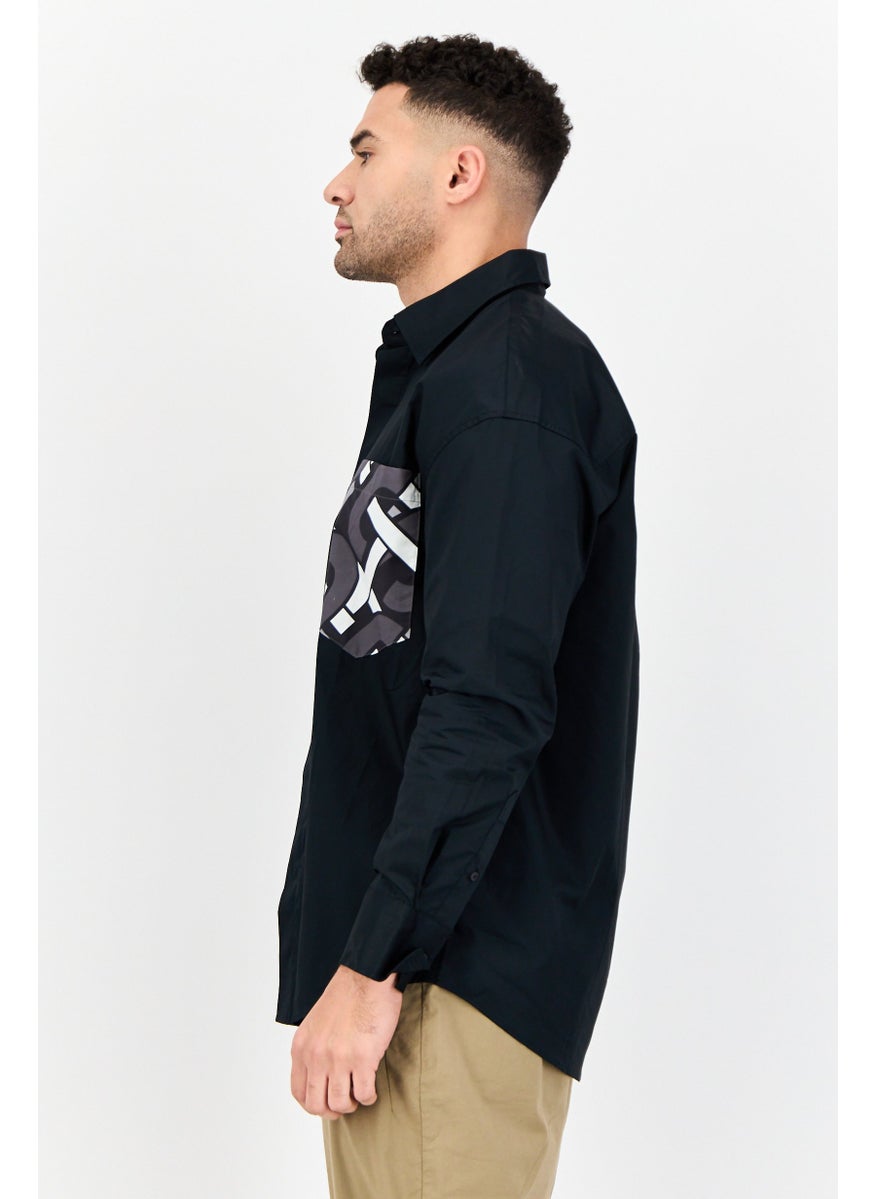 Men Regular Fit Graphic Print Long Sleeves Casual Shirt, Black