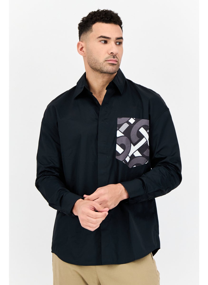 Men Regular Fit Graphic Print Long Sleeves Casual Shirt, Black