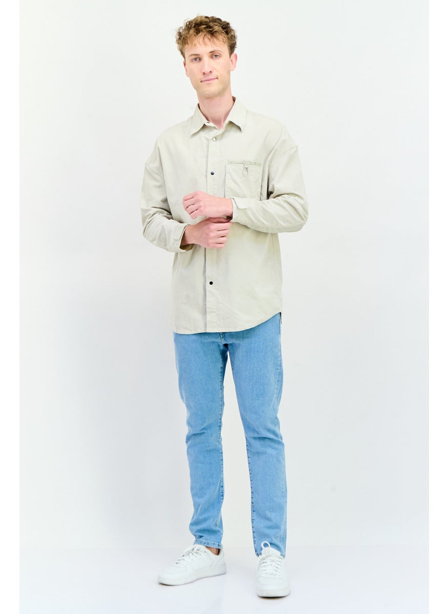 Men Oversized Fit Long Sleeves Corduroy Casual Shirt, Beige