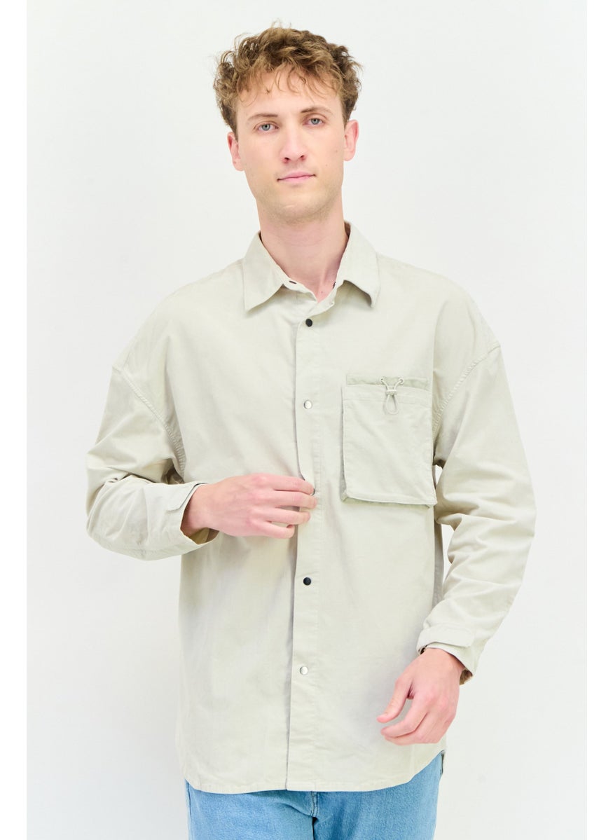 Men Oversized Fit Long Sleeves Corduroy Casual Shirt, Beige