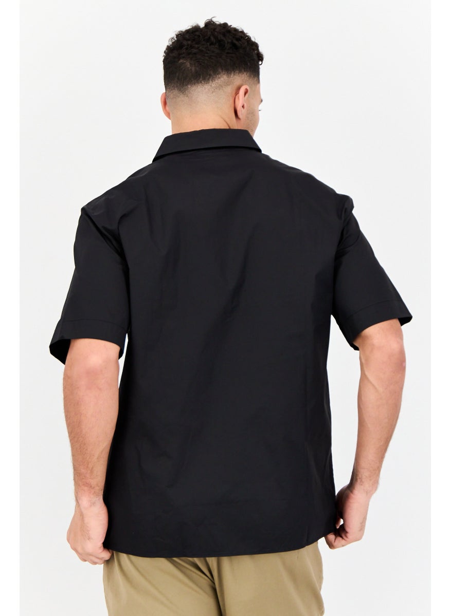 Men Drop Shoulder Embroidered Short Sleeve Casual Shirt, Black