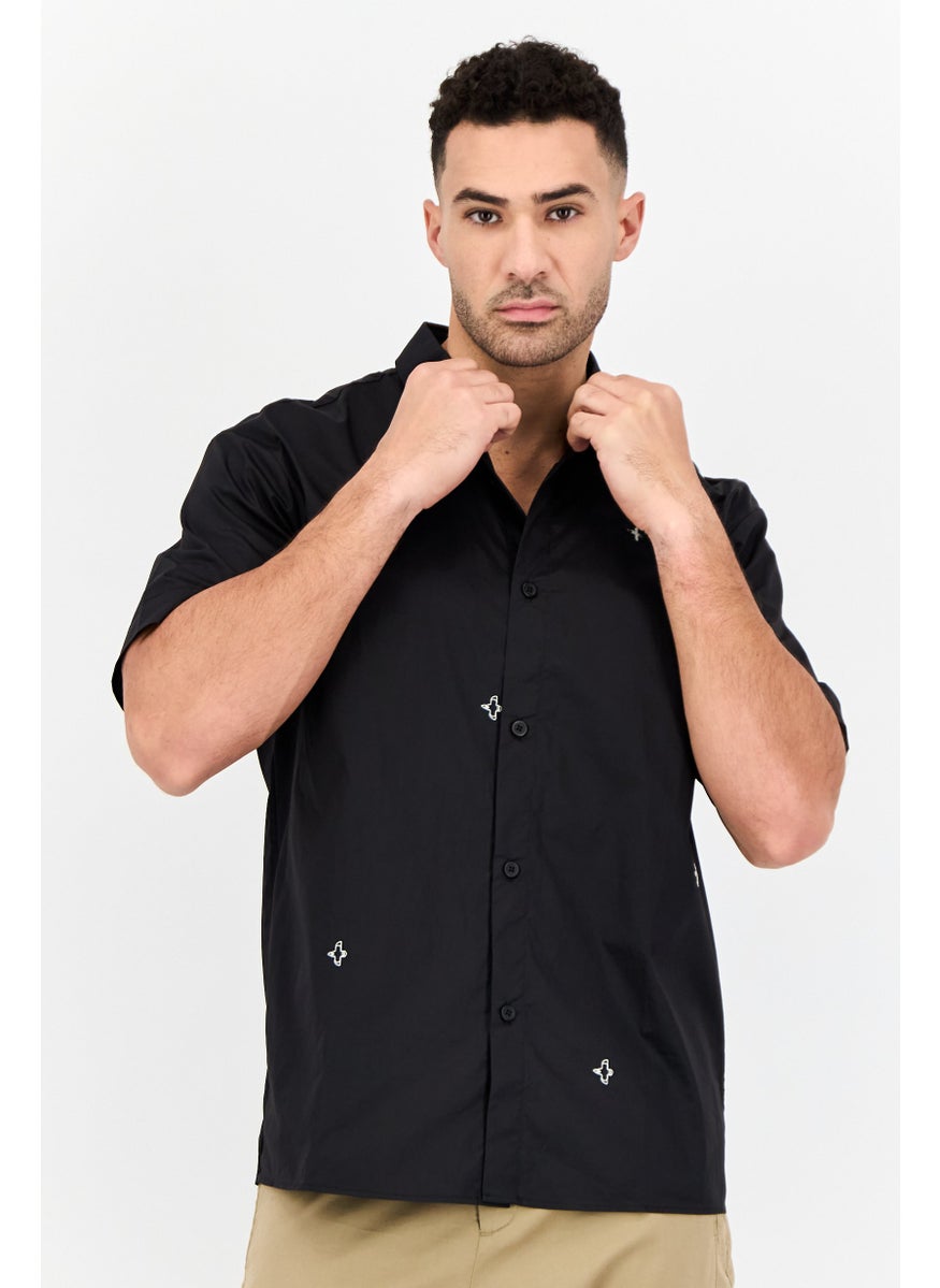 Men Drop Shoulder Embroidered Short Sleeve Casual Shirt, Black