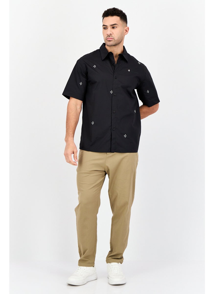 Men Drop Shoulder Embroidered Short Sleeve Casual Shirt, Black