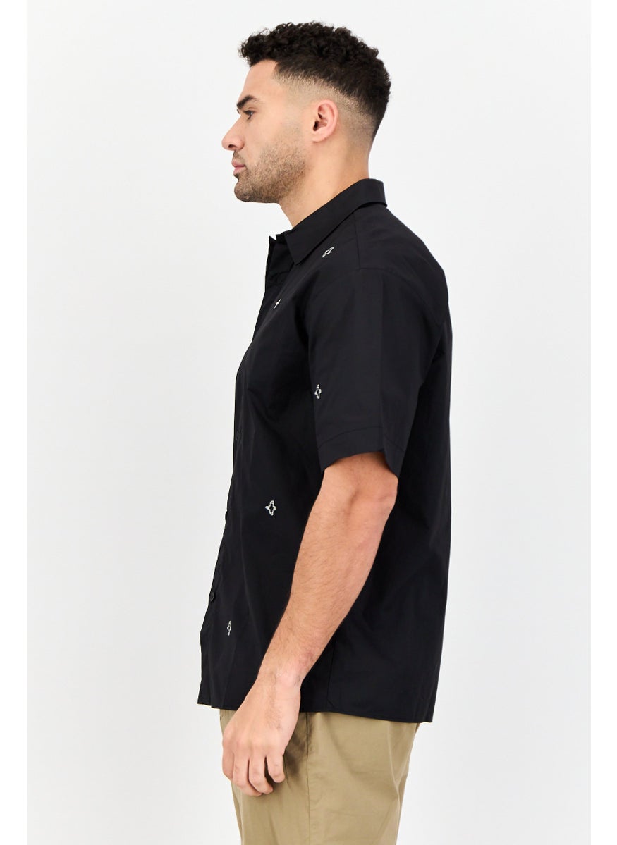 Men Drop Shoulder Embroidered Short Sleeve Casual Shirt, Black