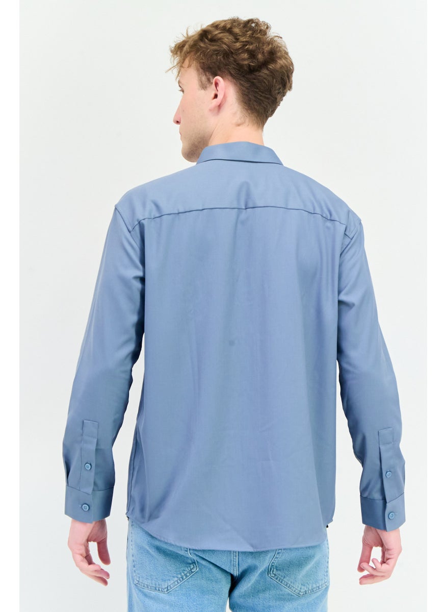 Men Drop Shoulder Fit Plain Long Sleeves Casual Shirt, Blue