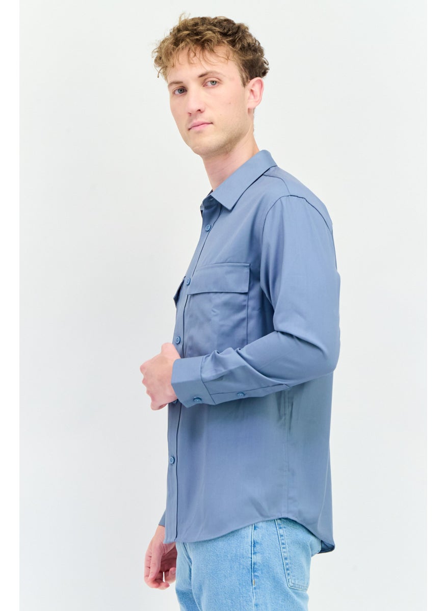 Men Drop Shoulder Fit Plain Long Sleeves Casual Shirt, Blue