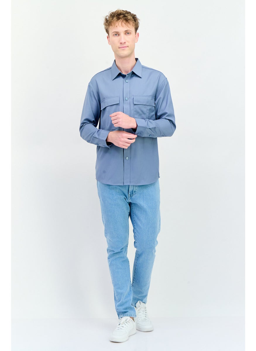 Men Drop Shoulder Fit Plain Long Sleeves Casual Shirt, Blue