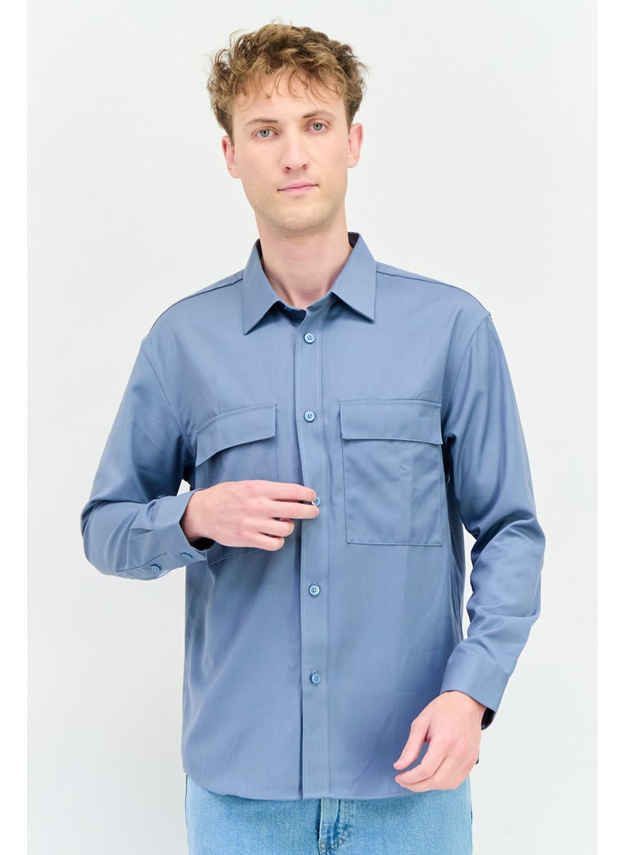 Men Drop Shoulder Fit Plain Long Sleeves Casual Shirt, Blue