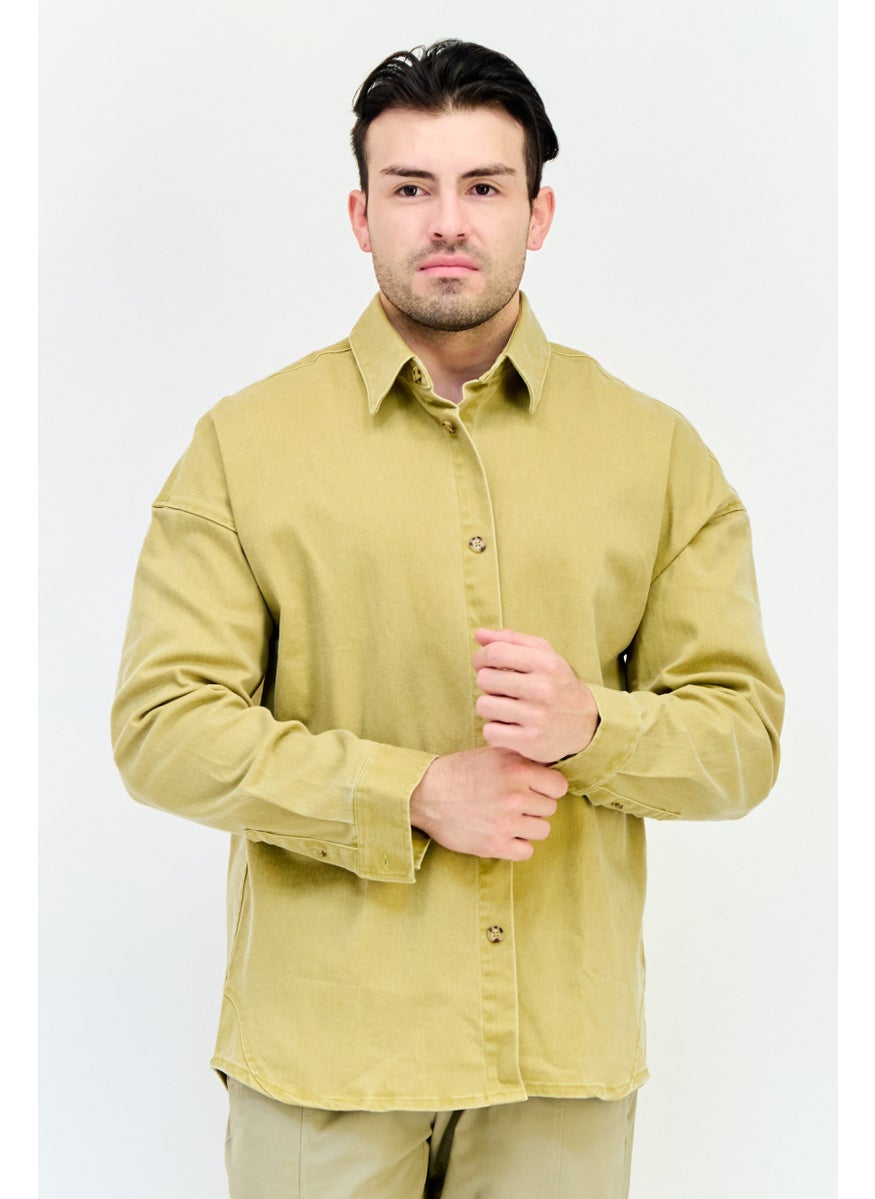 Men Oversize Fit Plain Long Sleeve Denim Shirt, Mustard