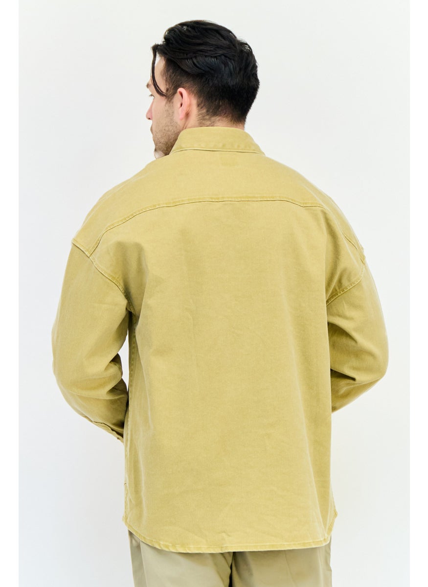Men Oversize Fit Plain Long Sleeve Denim Shirt, Mustard