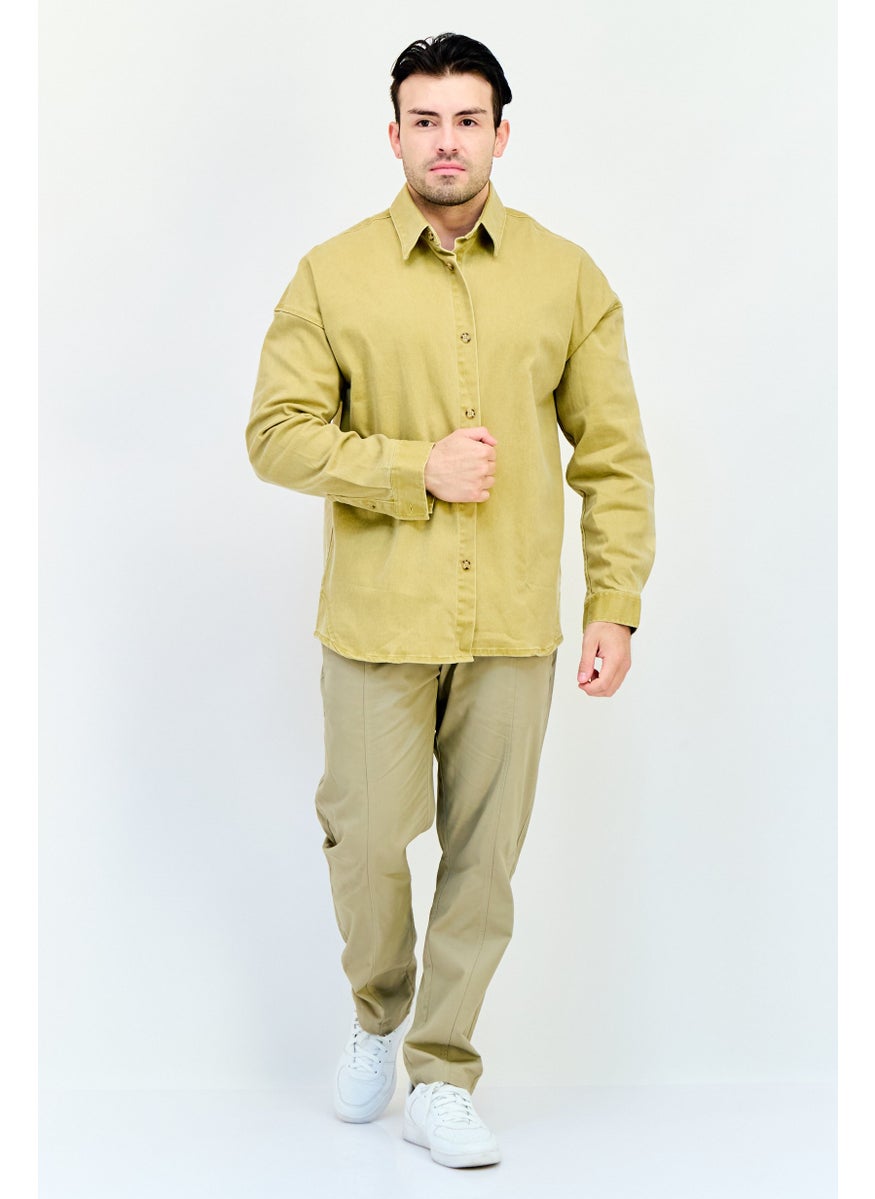 Men Oversize Fit Plain Long Sleeve Denim Shirt, Mustard