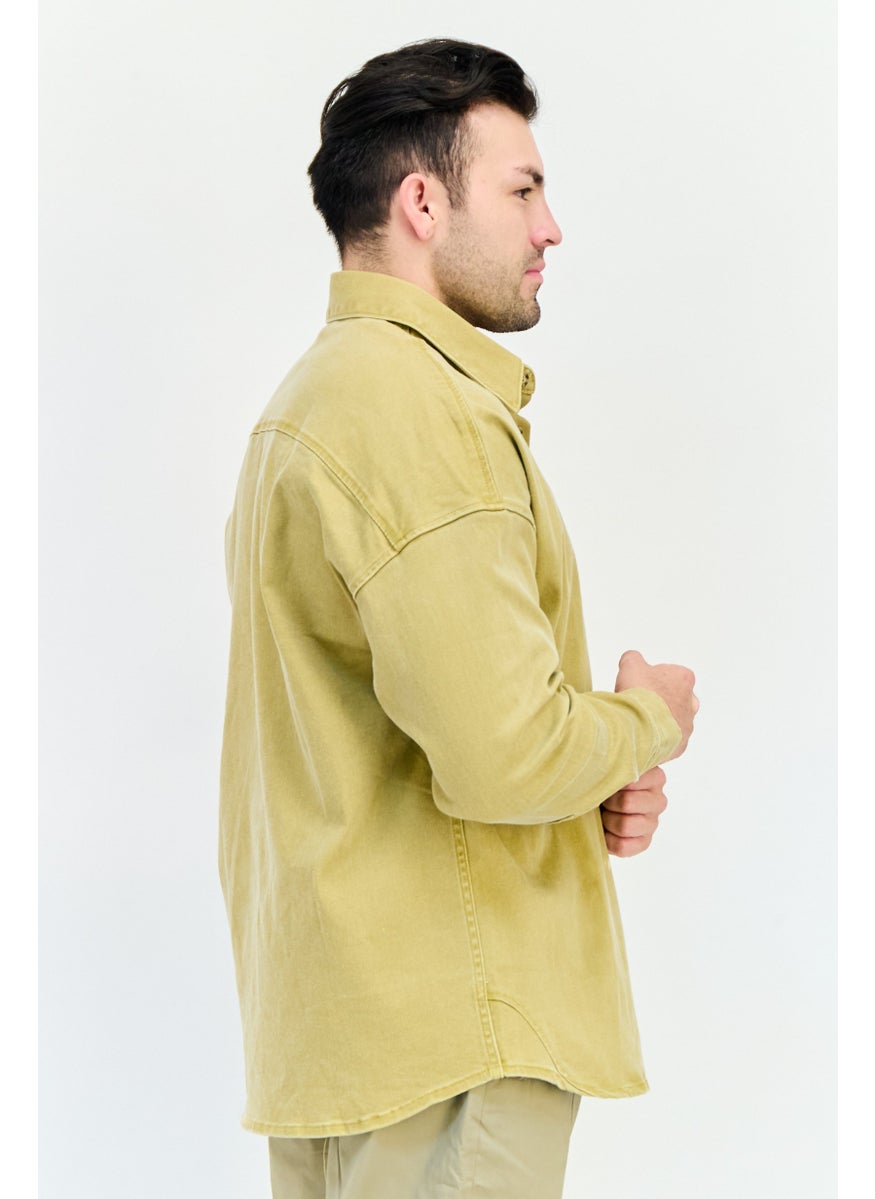 Men Oversize Fit Plain Long Sleeve Denim Shirt, Mustard
