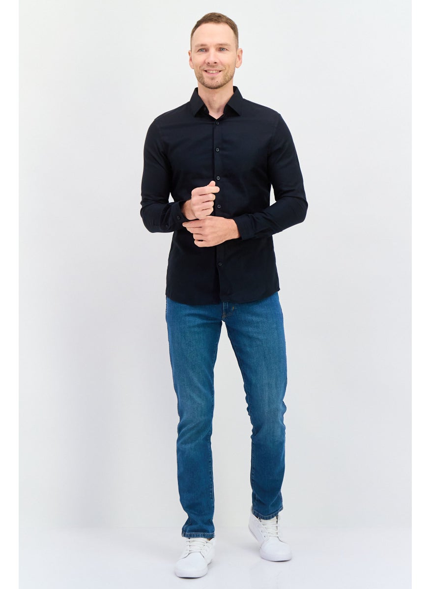 Men Slim Fit Long Sleeves Plain Casual Shirt, Black