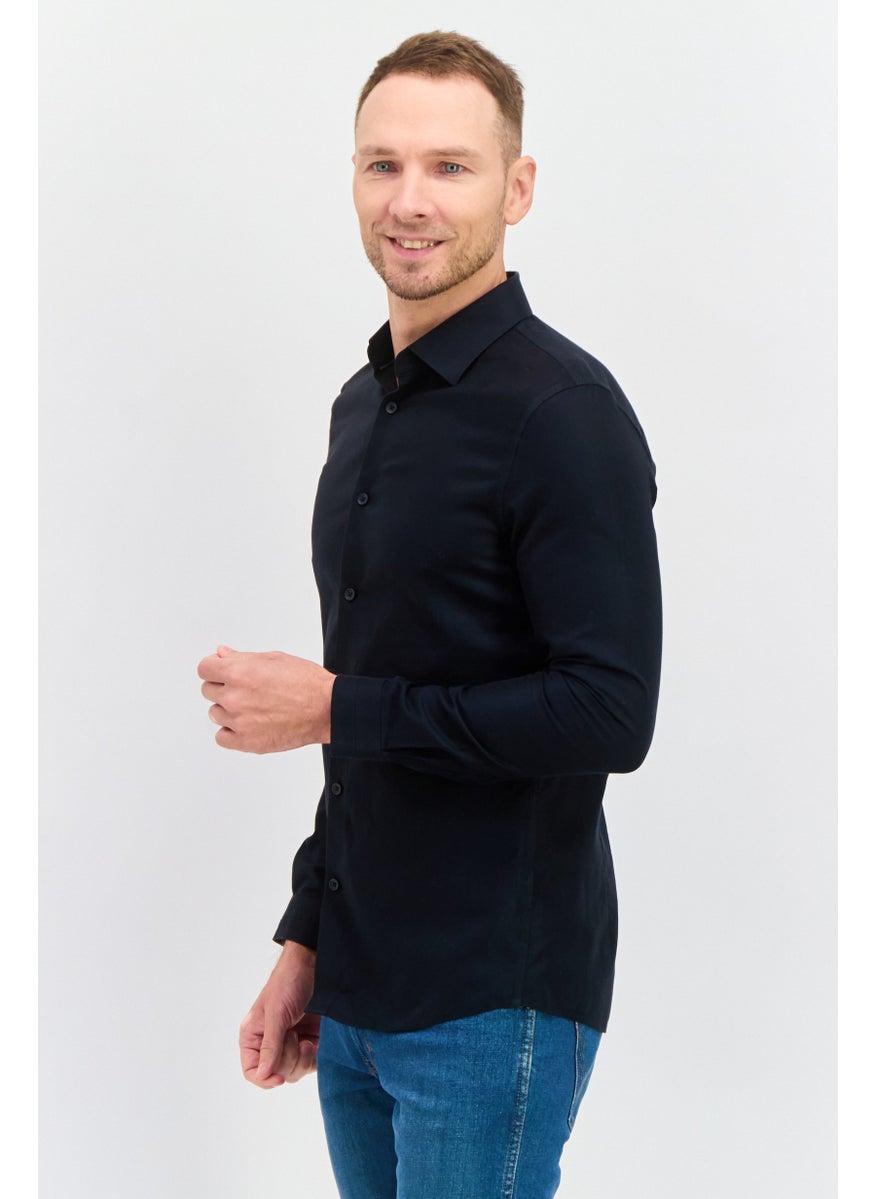 Men Slim Fit Long Sleeves Plain Casual Shirt, Black