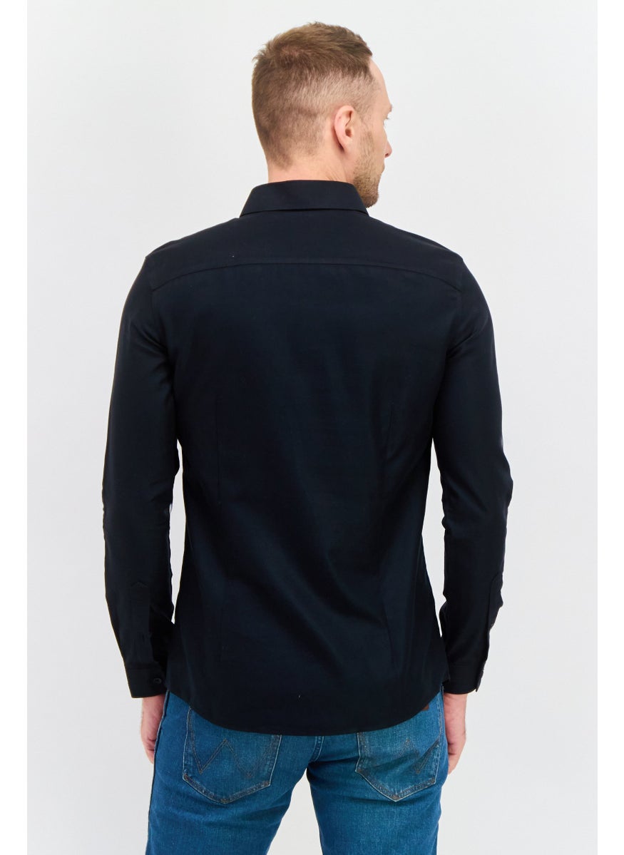 Men Slim Fit Long Sleeves Plain Casual Shirt, Black