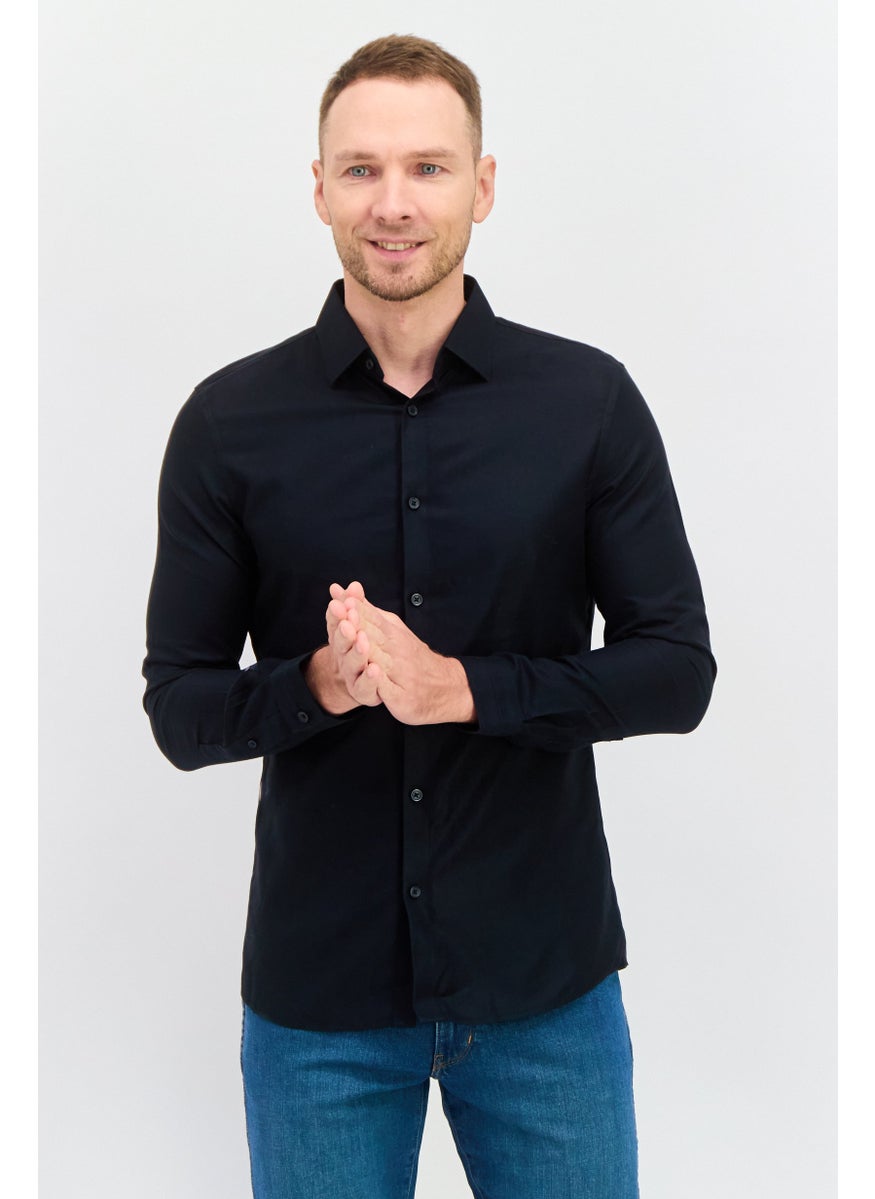 Men Slim Fit Long Sleeves Plain Casual Shirt, Black
