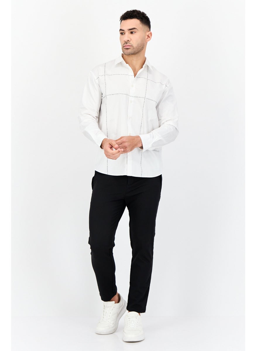 Men Drop Shoulder Grid Pattern Long Sleeve Casual Shirt, White