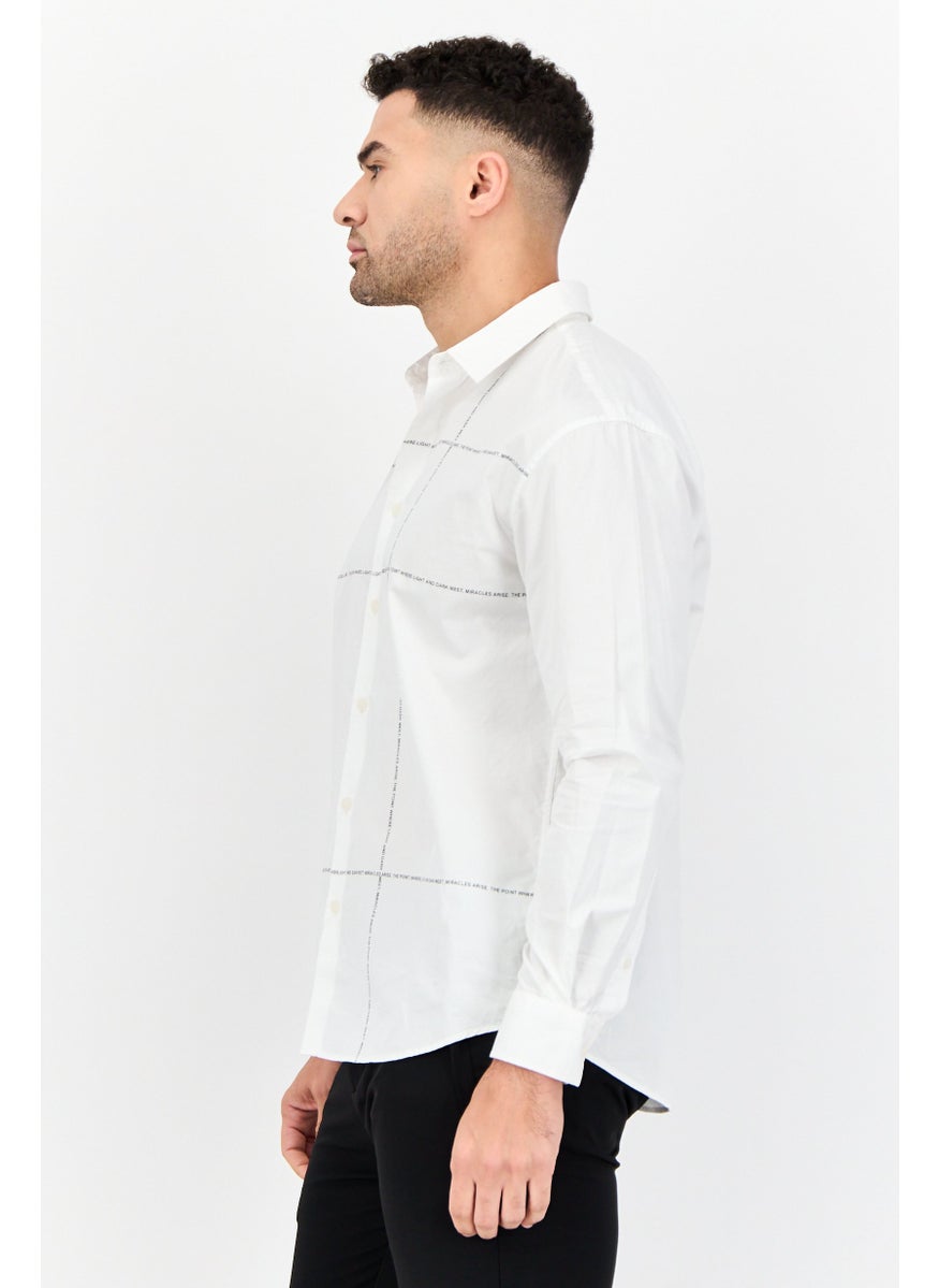 Men Drop Shoulder Grid Pattern Long Sleeve Casual Shirt, White
