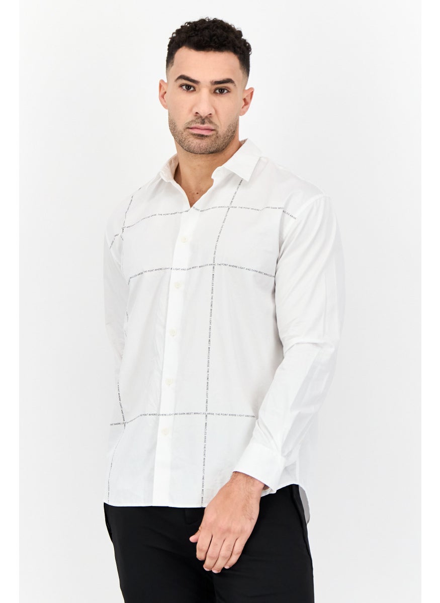 Men Drop Shoulder Grid Pattern Long Sleeve Casual Shirt, White