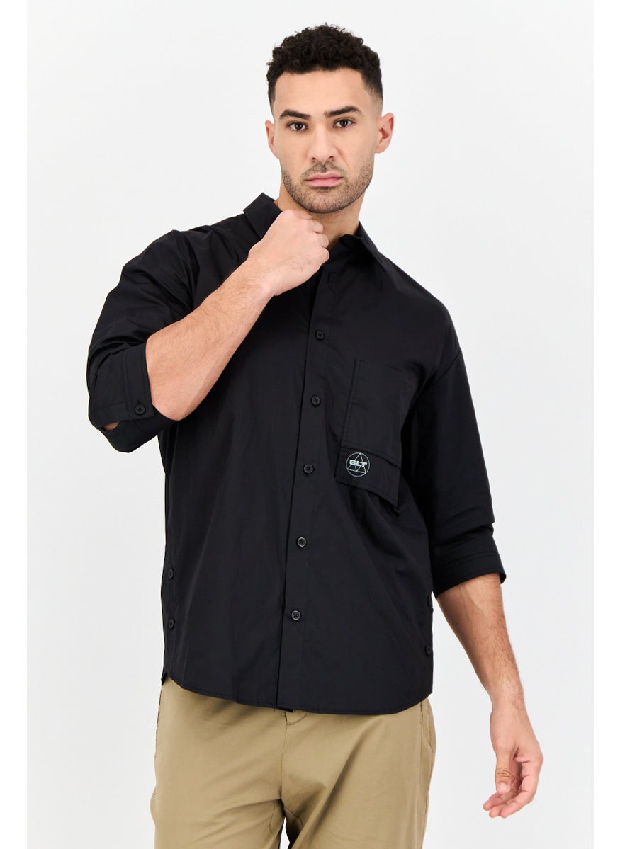 Men Drop Shoulder Fit Short Sleeves Casual Shirt, Black