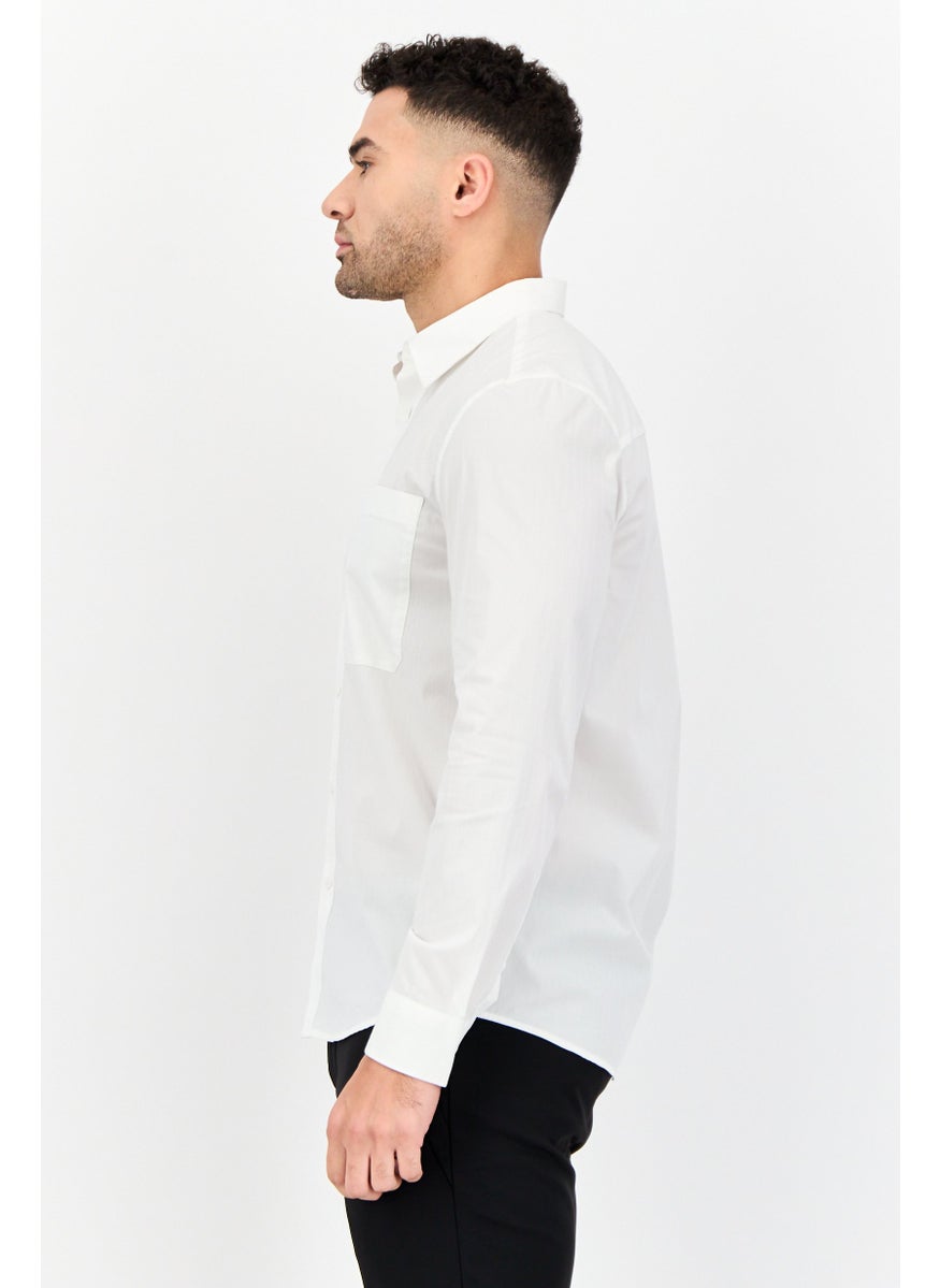 Men Drop Shoulder Fit Pin Stripe Long Sleeve Causal Shirt, White