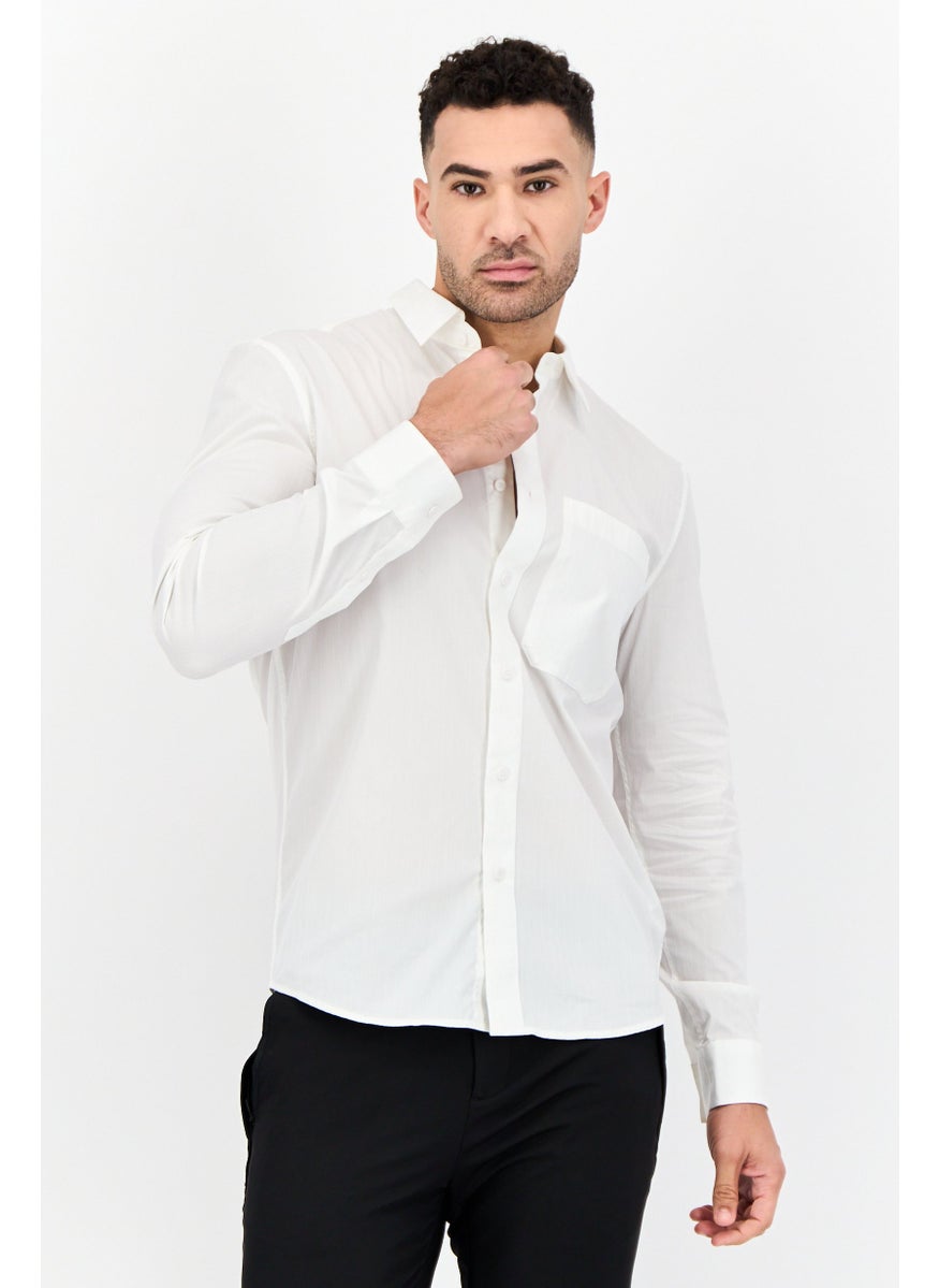 Men Drop Shoulder Fit Pin Stripe Long Sleeve Causal Shirt, White