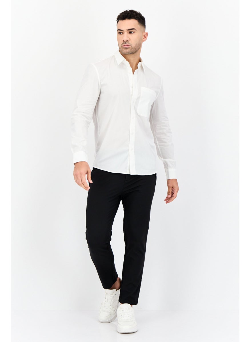 Men Drop Shoulder Fit Pin Stripe Long Sleeve Causal Shirt, White