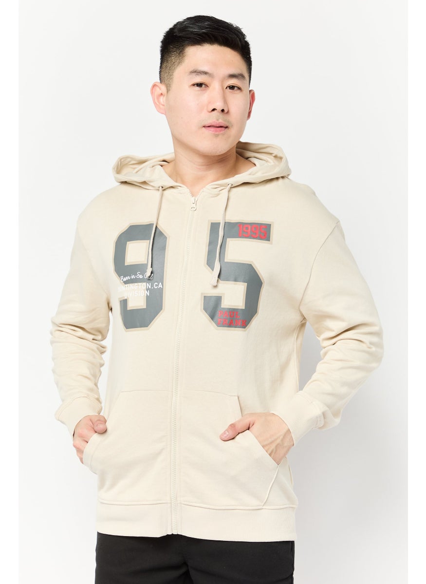 Men Graphic Print Long Sleeve Hooded Sweatshirt, Beige