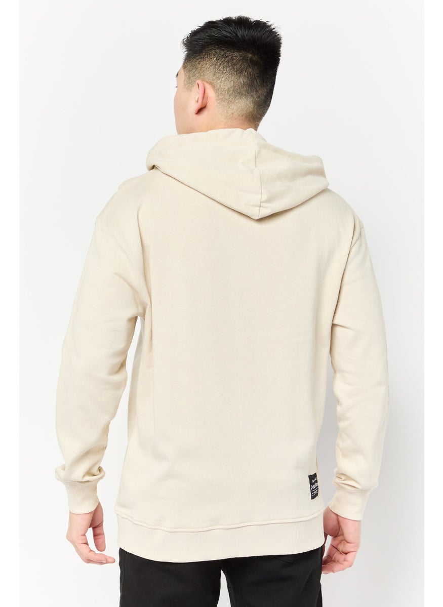 Men Graphic Print Long Sleeve Hooded Sweatshirt, Beige