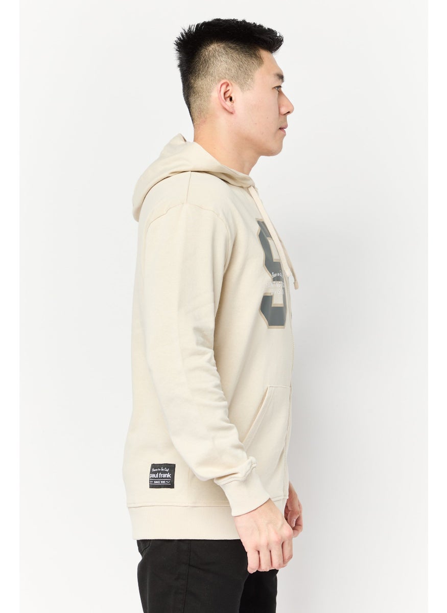Men Graphic Print Long Sleeve Hooded Sweatshirt, Beige