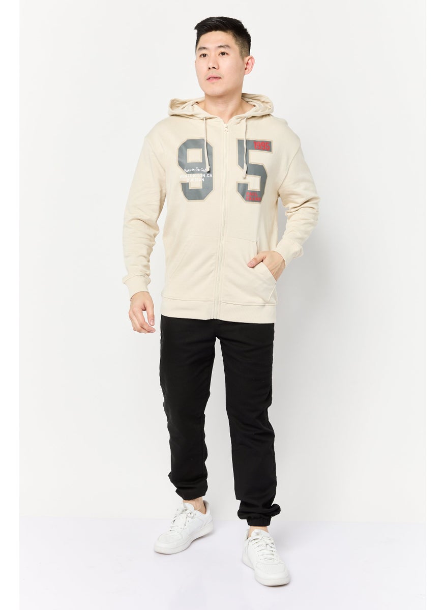 Men Graphic Print Long Sleeve Hooded Sweatshirt, Beige