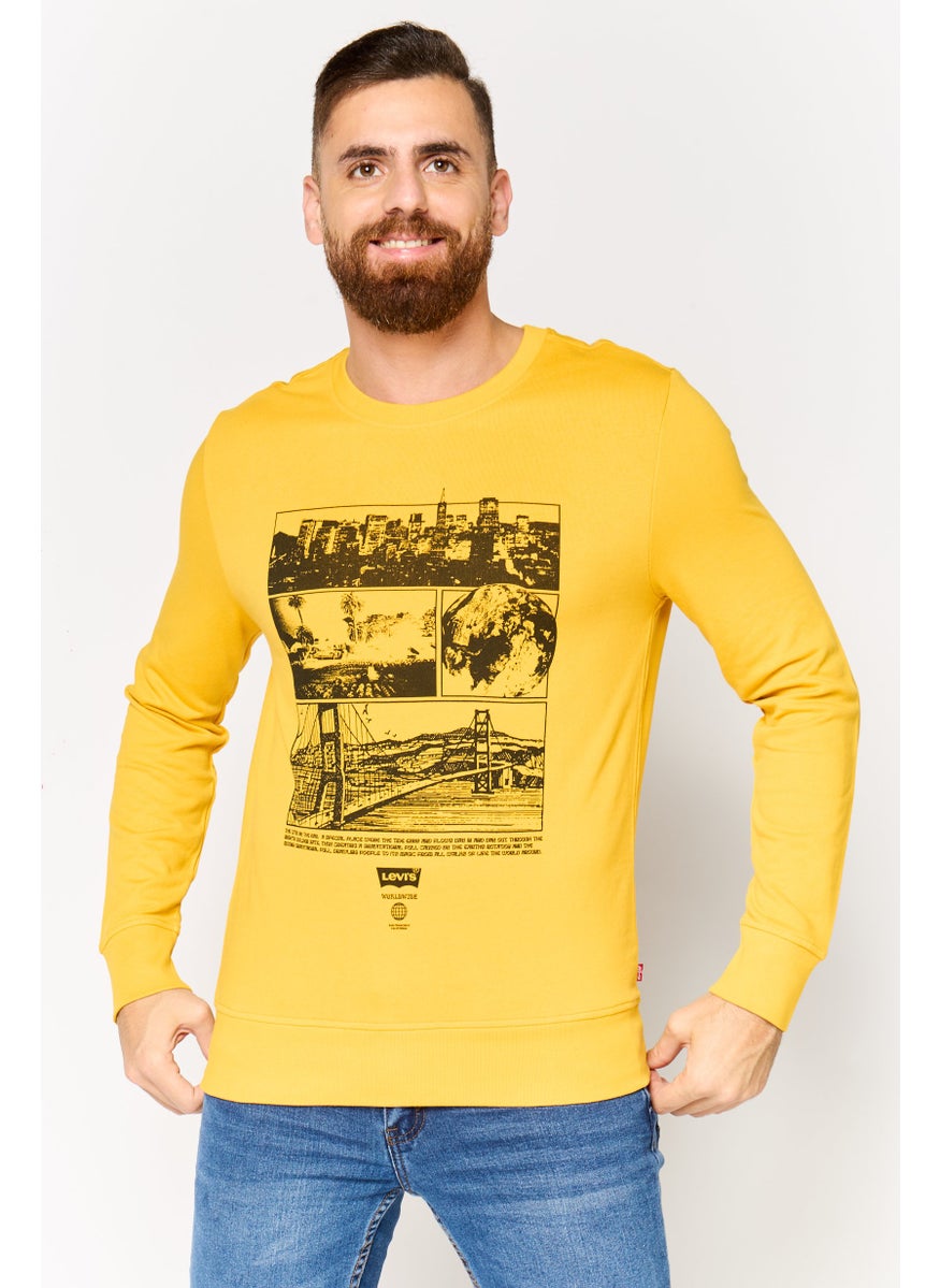 Men Crew Neck Long Sleeves Graphic Print Sweatshirt, Yellow