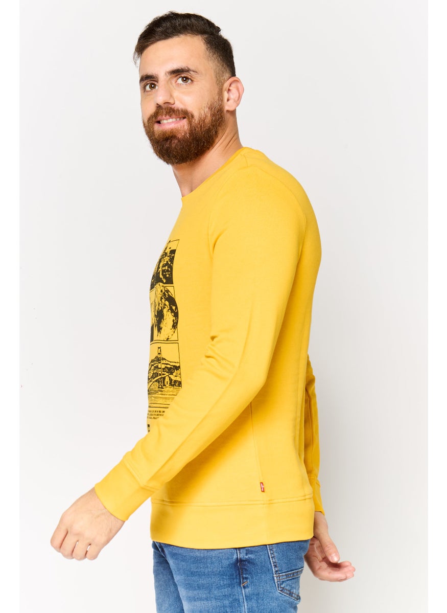 Men Crew Neck Long Sleeves Graphic Print Sweatshirt, Yellow