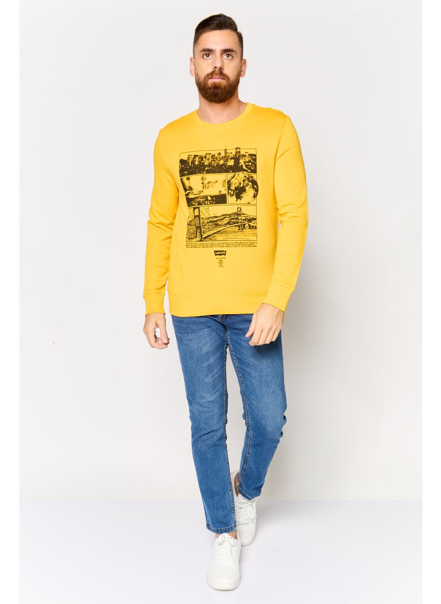 Men Crew Neck Long Sleeves Graphic Print Sweatshirt, Yellow