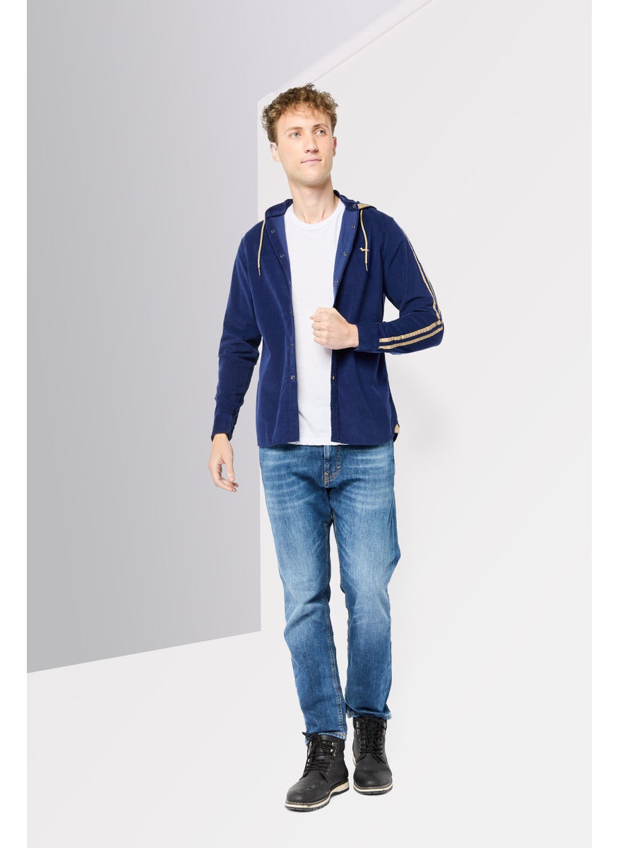 Men Textured Long Sleeves Hooded Sweatshirt, Navy