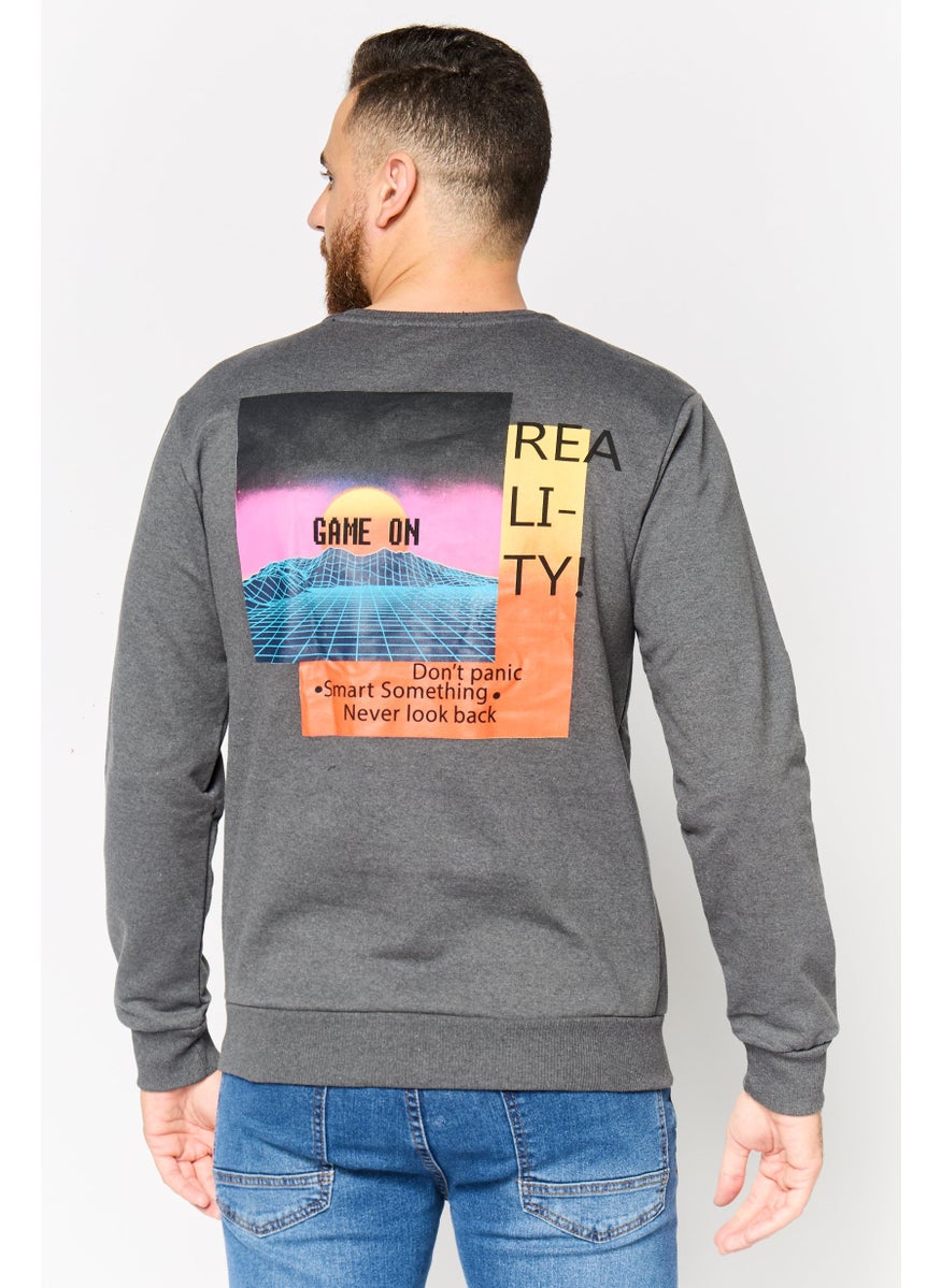 Men Crew Neck Long Sleeve Plain Sweatshirt, Dark Grey