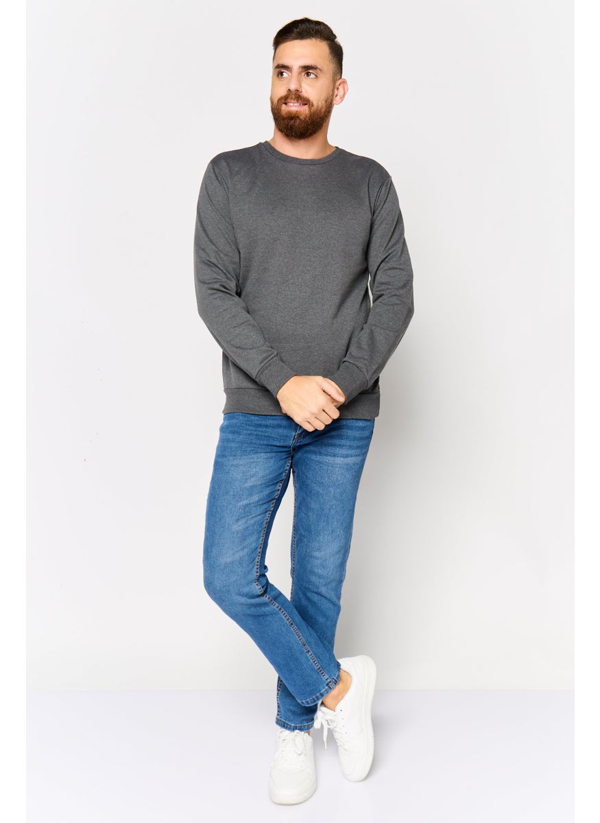 Men Crew Neck Long Sleeve Plain Sweatshirt, Dark Grey