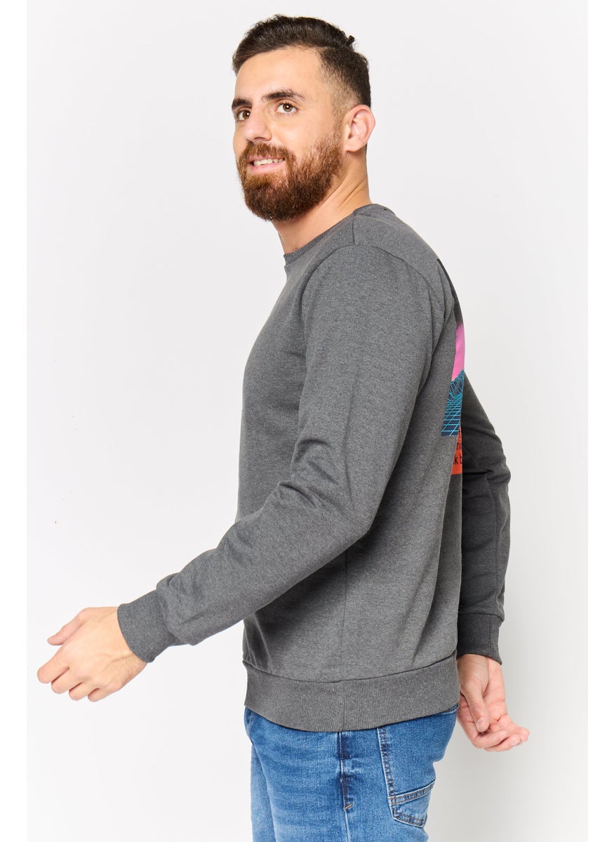 Men Crew Neck Long Sleeve Plain Sweatshirt, Dark Grey