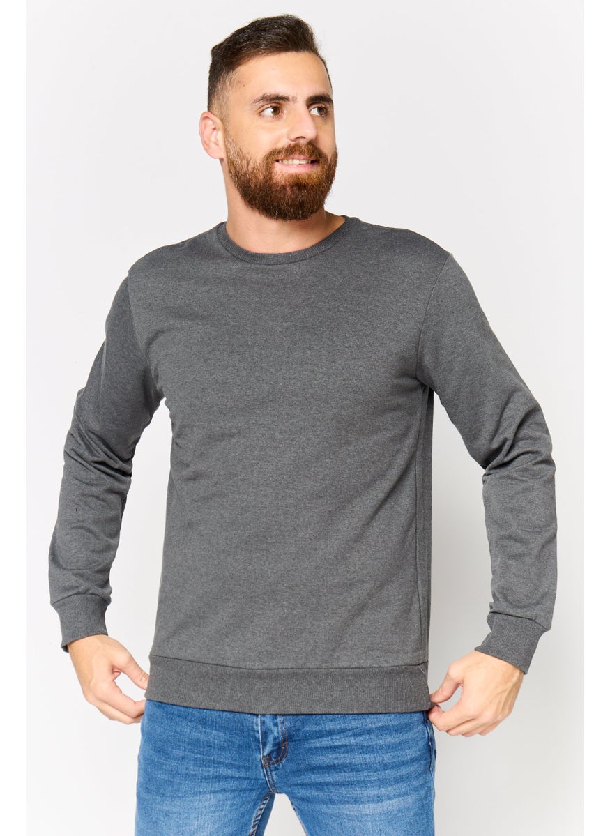 Men Crew Neck Long Sleeve Plain Sweatshirt, Dark Grey