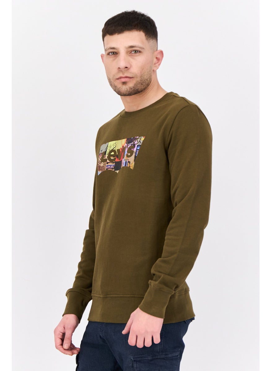 Men Crew Neck Long Sleeves Graphic Print Sweatshirt, Olive