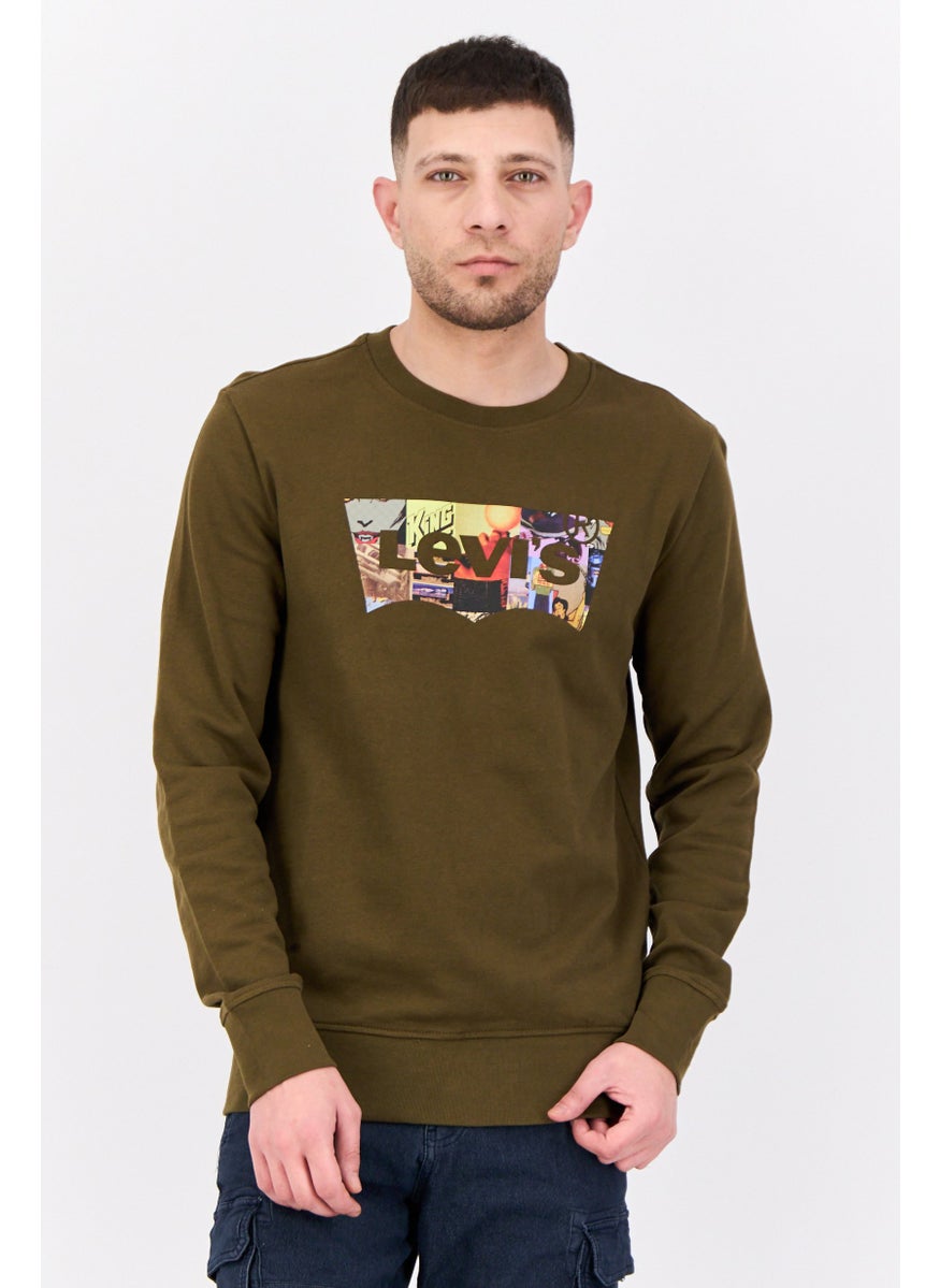 Men Crew Neck Long Sleeves Graphic Print Sweatshirt, Olive