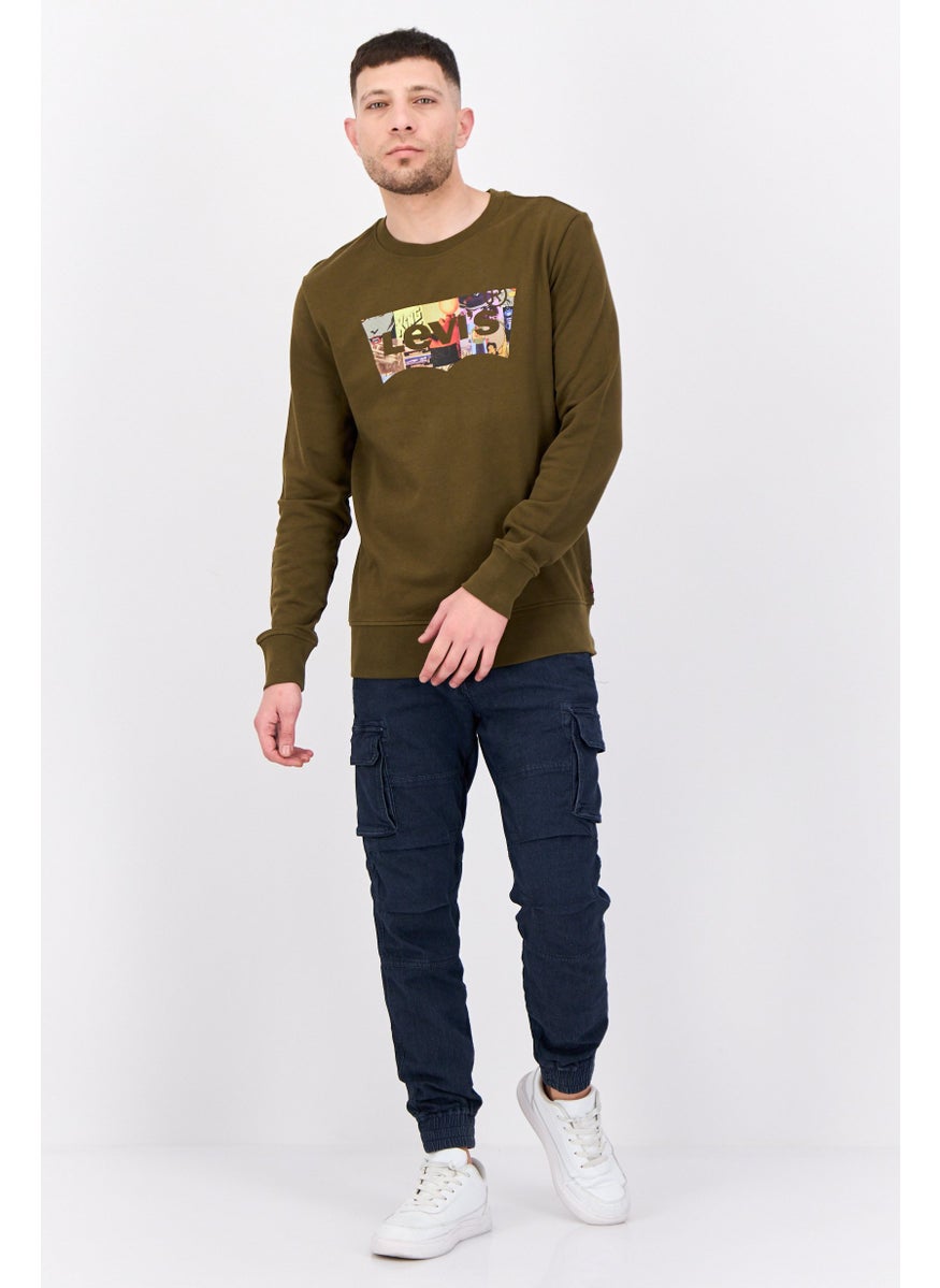 Men Crew Neck Long Sleeves Graphic Print Sweatshirt, Olive